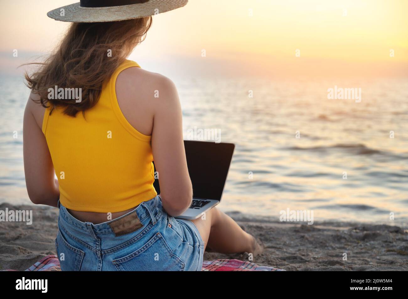 View from the back. Caucasian woman uses and types on the keyboard of a laptop computer while sitting on a beautiful beach at su Stock Photo