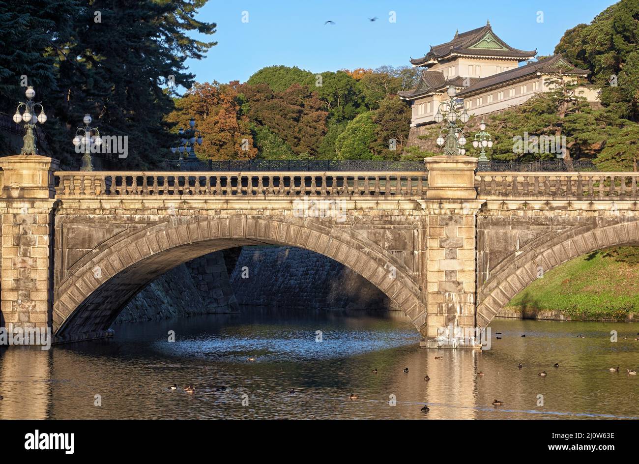 Stone bridge and Fushimi Turret at the Imperial Palace Main Gate Stock Photo