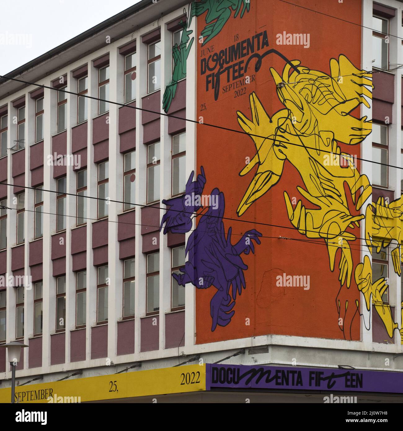 Street art at the culture house RuRuHaus as advertising for Documenta fifteen 2022, Kassel, Germany Stock Photo