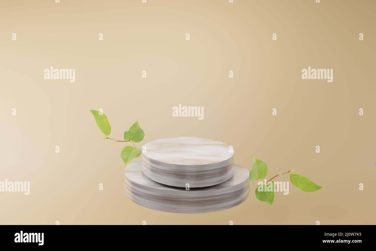 product display marble podium with nature leaves background. 3D ...
