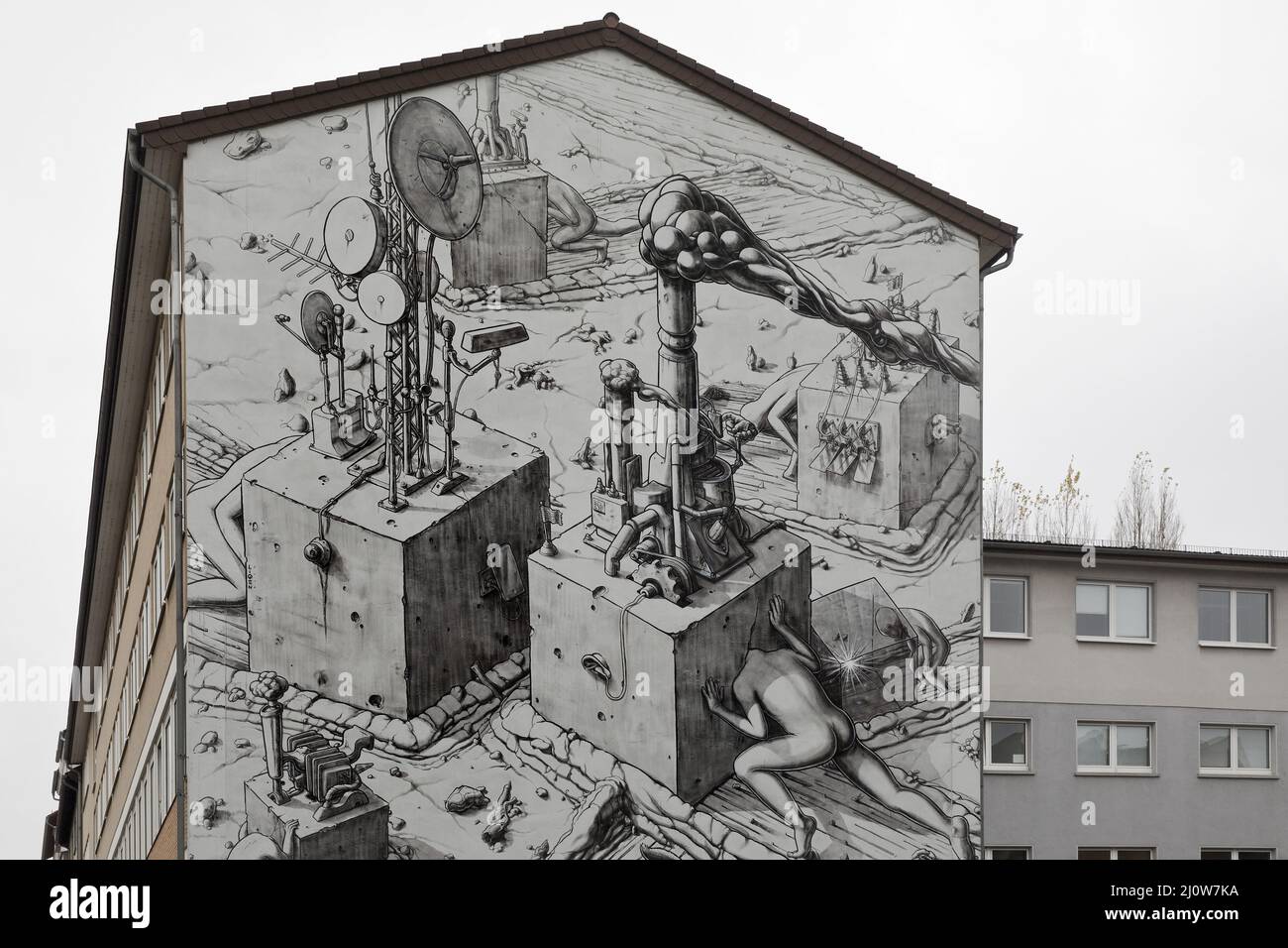 Street art with the title The blindness, artist Liqen, critical wall design, Kassel, Germany, Europe Stock Photo