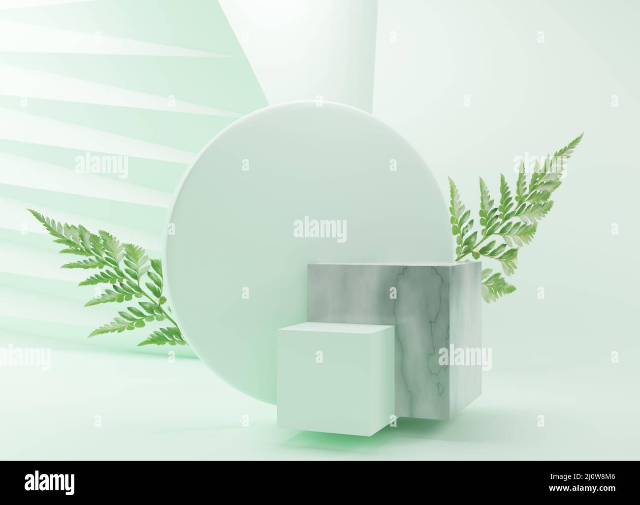 product display marble podium with nature leaves background. 3D ...
