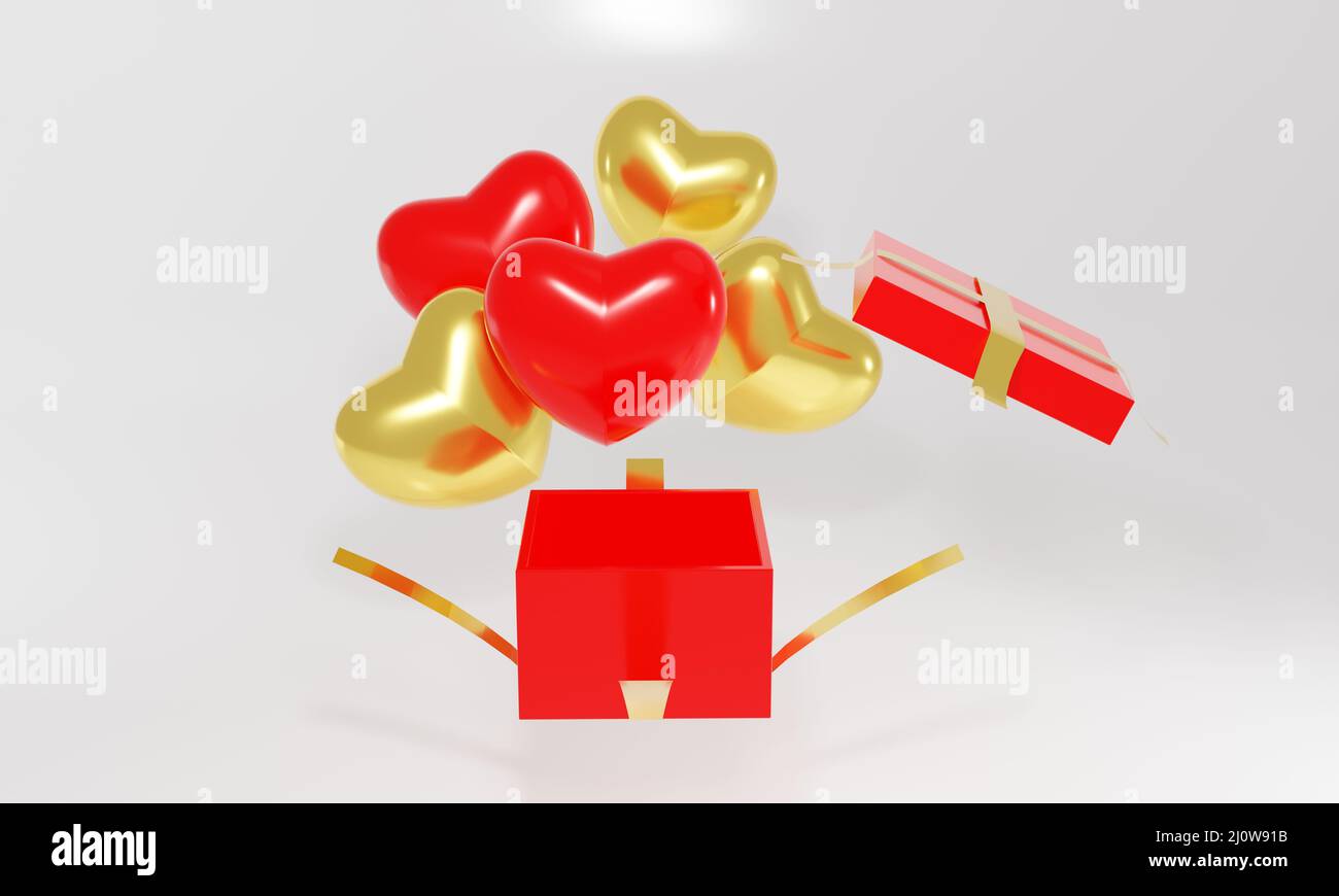 3d red and gold heart-shaped balloons flying out of an open gift box ...
