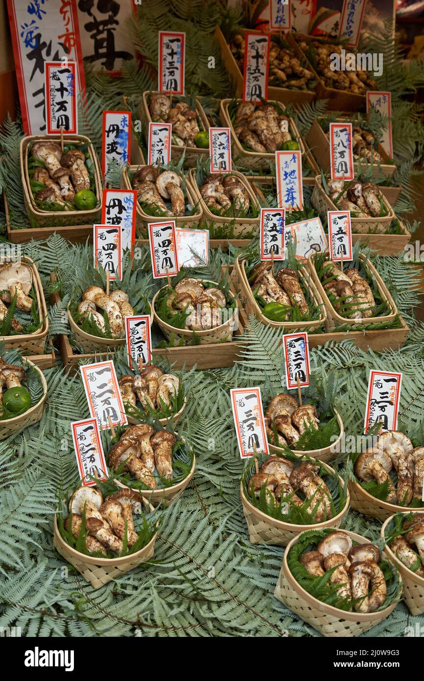Domestic matsutake mushrooms served for sale at the Kyoto market.