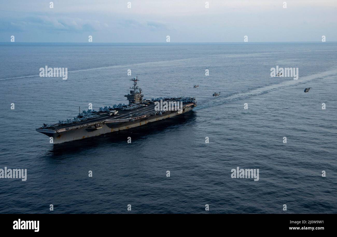 Ionian Sea, Greece. 18 March, 2022. U.S. Navy the Nimitz-class aircraft carrier USS Harry S. Truman, during NATO operations, March 18, 2022 in the Ionian Sea. The U.S. and NATO have increase military operations in the region as a result of the Russian invasion of Ukraine.  Credit: MC3 Bela Chambers/U.S. Navy/Alamy Live News Stock Photo