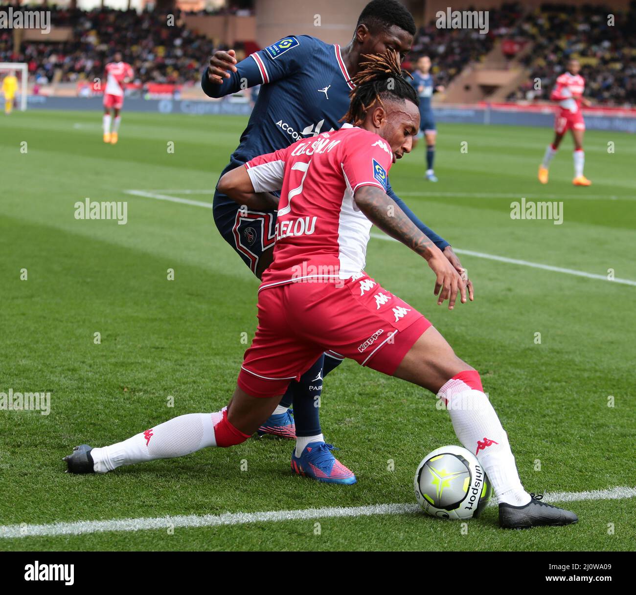 Monaco. 20th Mar, 2022. Gelson Martins of As Monaco and Nuno Mendes of  Paris Saint-Germain during the French championship Ligue 1 football match  between AS Monaco and Paris Saint-Germain on March 20,
