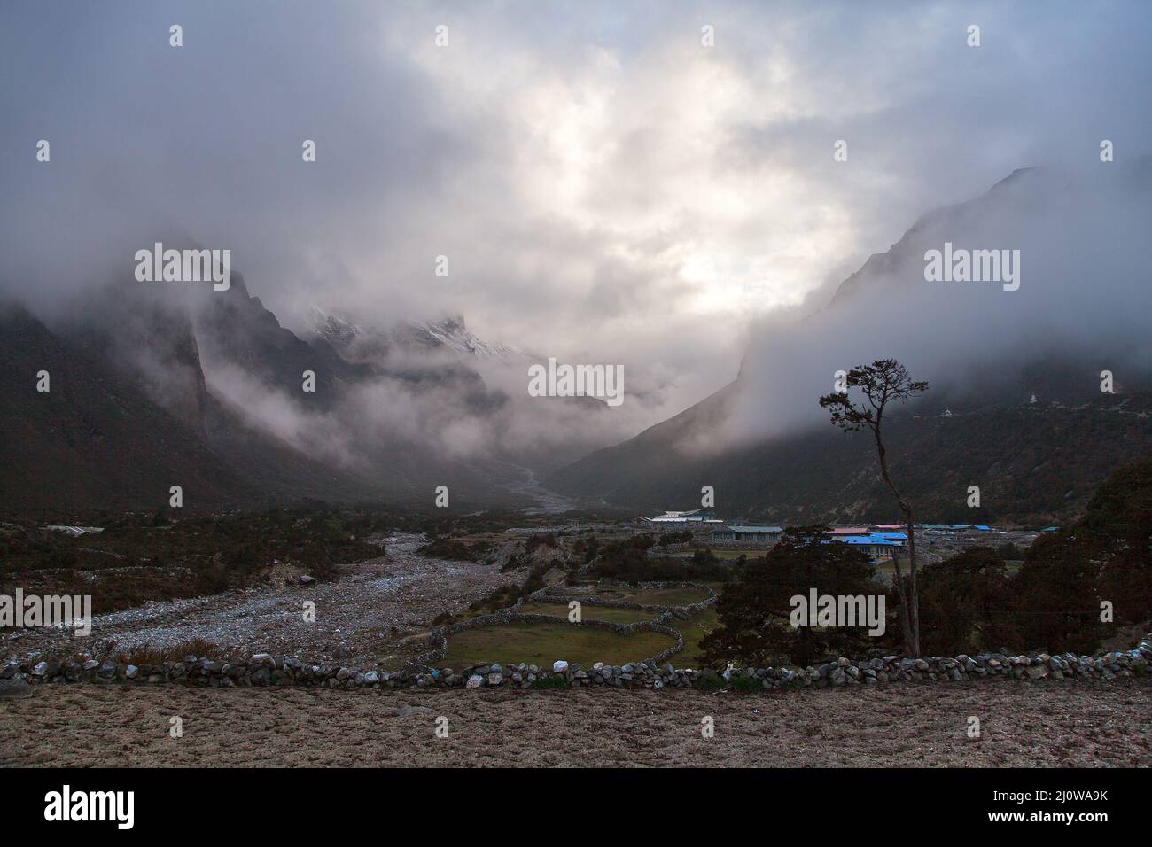 View from Thame village near Namche Bazar, Khumbu valley, Sagarmatha national park, Nepal Stock Photo