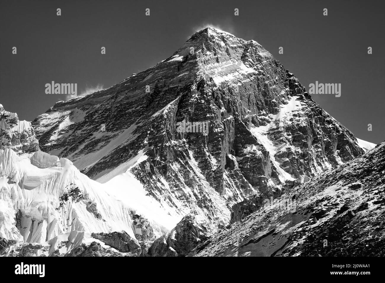 black and white silhouette of Mount Everest from Gokyo valley, Sagarmatha national park, Khumbu valley, Nepal Stock Photo
