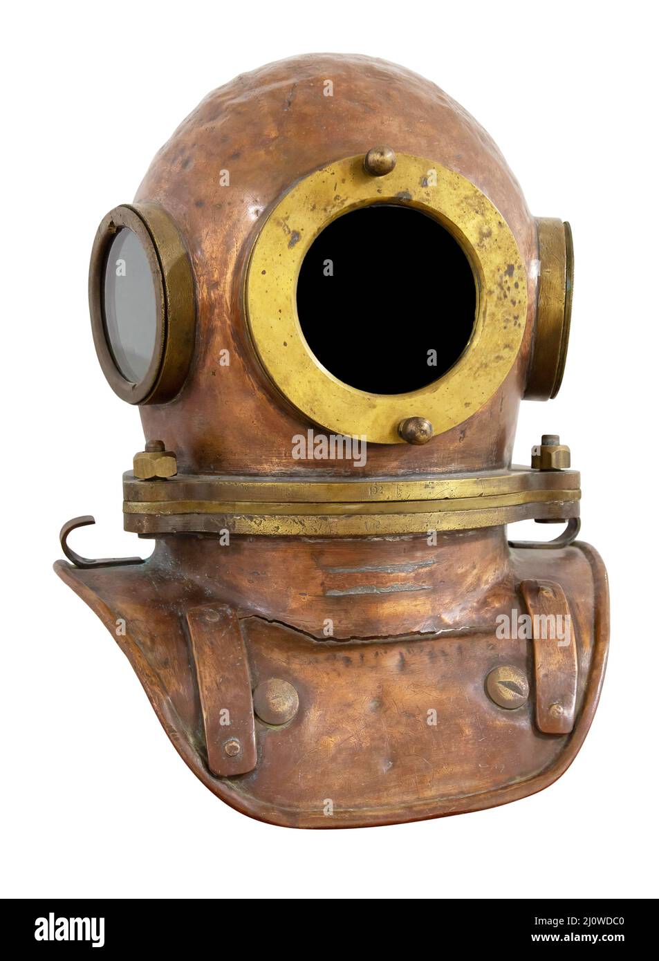 Old antique metal scuba helmet isolated on white background with clipping path Stock Photo