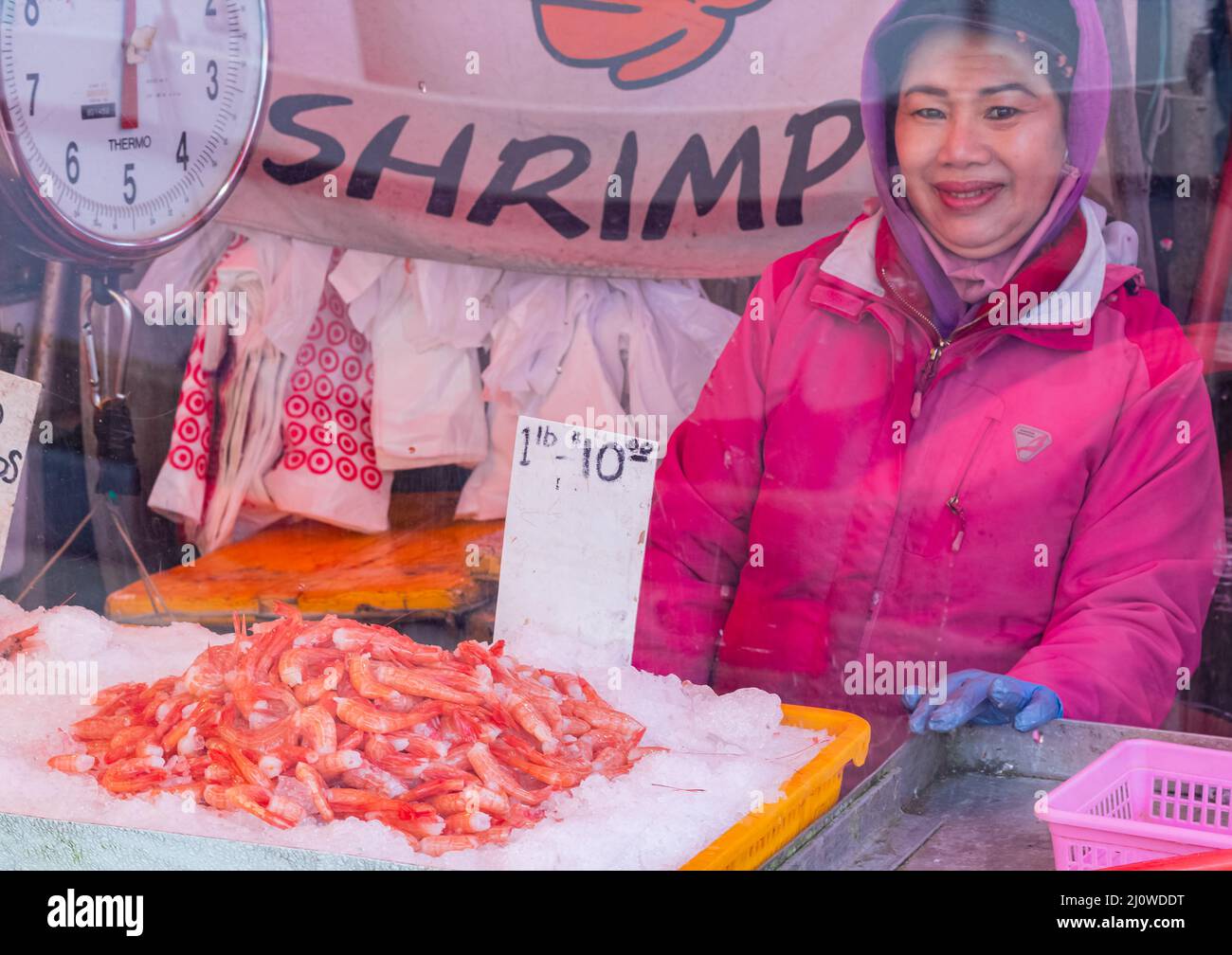 Fresh fish shop on the markets. Shrimps sale in the fish market Stock