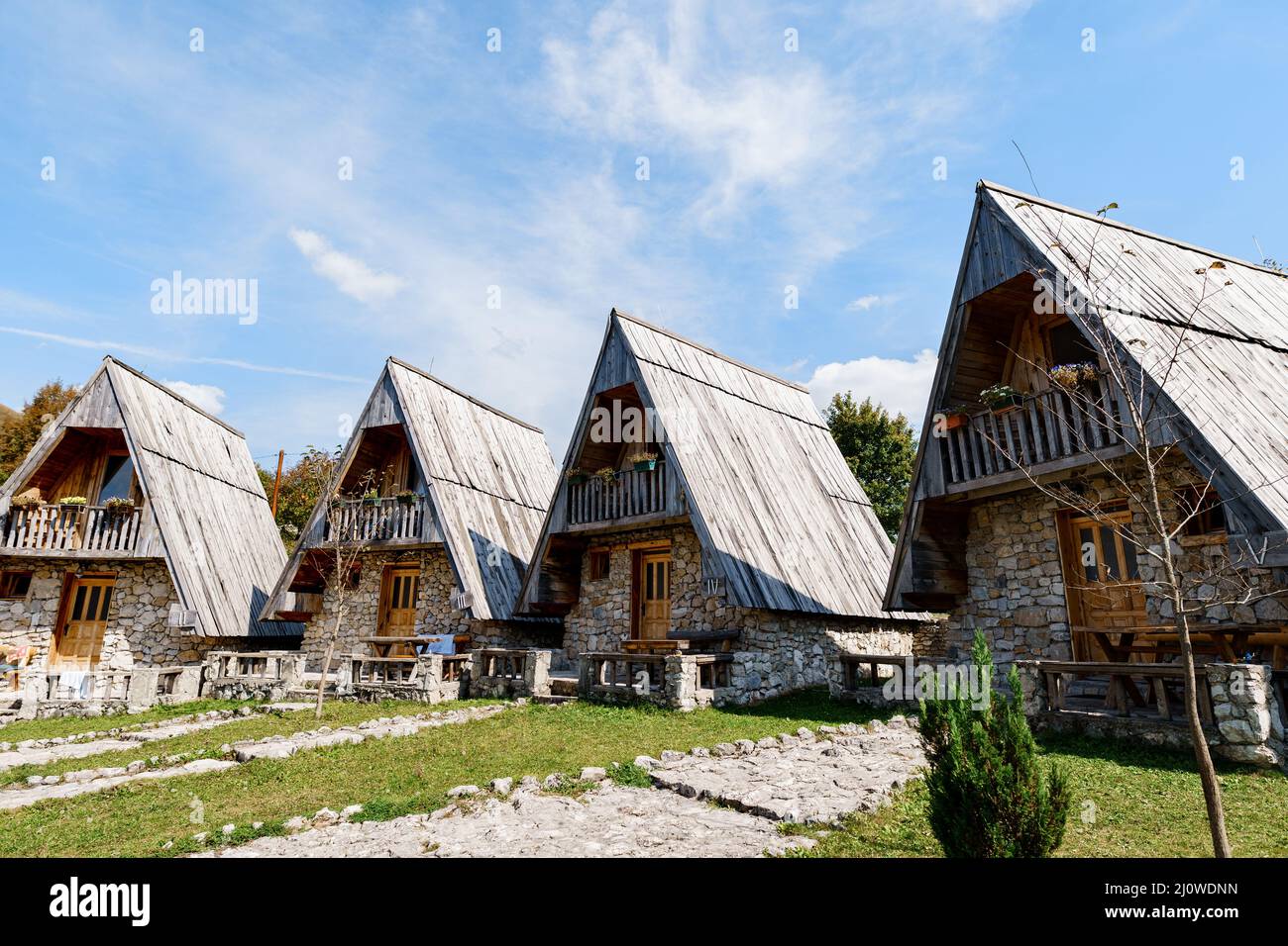 Triangular stone houses with wooden roofs. Montenegro, north Stock Photo