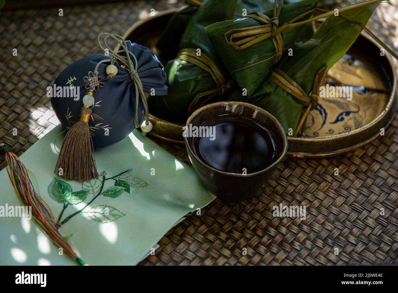 Chinese dragon boat festival iconic food and elements Stock Photo