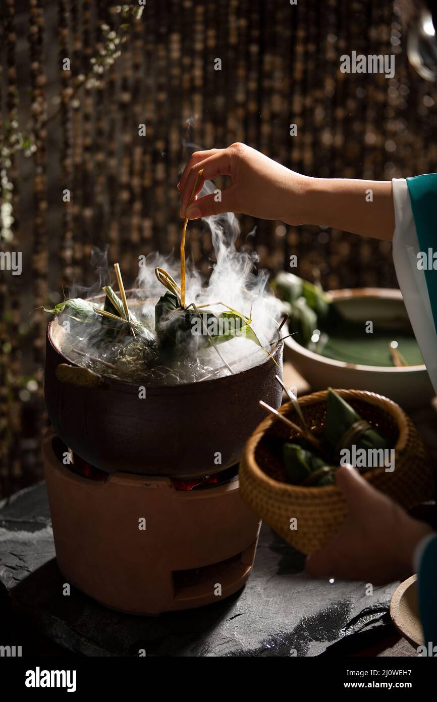 Cooking Zongzi Stock Photo