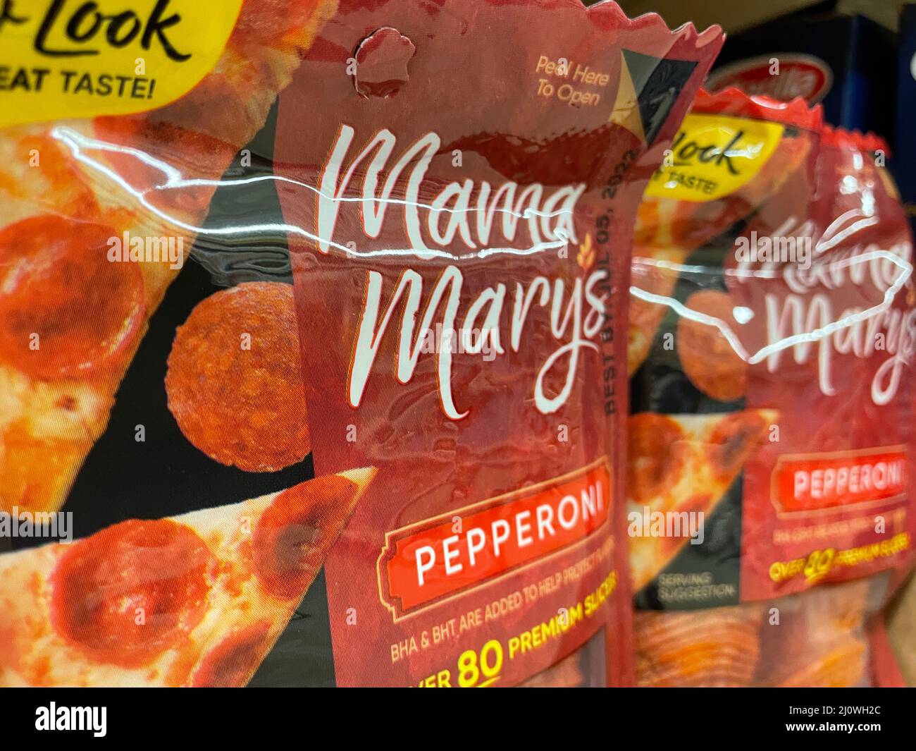 Augusta, Ga USA - 03 10 22: Pizza sauce kits on a retail store shelf Mary Mary pepperoni in a bag Stock Photo