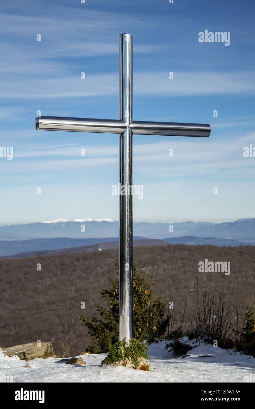 Stainless steel cross at the summit of Vtacnik peak, Slovakia. Altitude of 1346 metres above sea level. Stock Photo
