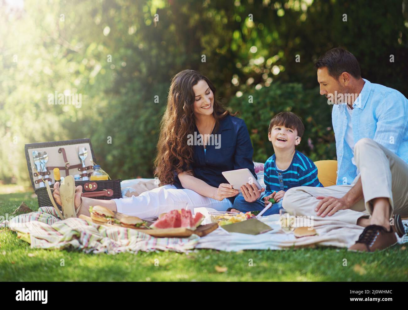 Having lunch outside is awesome. Shot of a young family using a digital tablet during a picnic in the park. Stock Photo