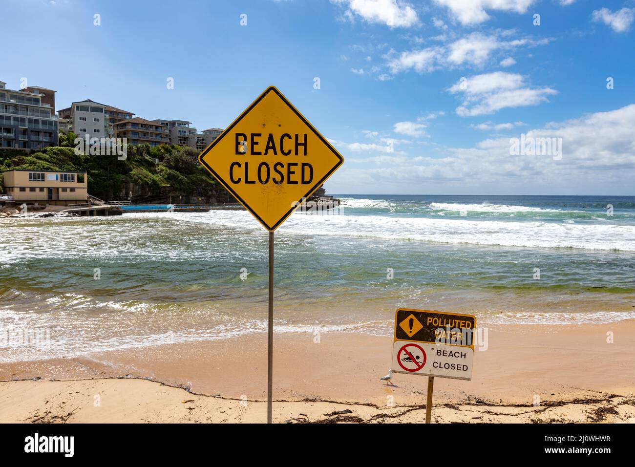 Queenscliff beach in Manly Sydney is closed due to polluted water arising from the floods and heavy rains in March 2022,NSW, Australia Stock Photo
