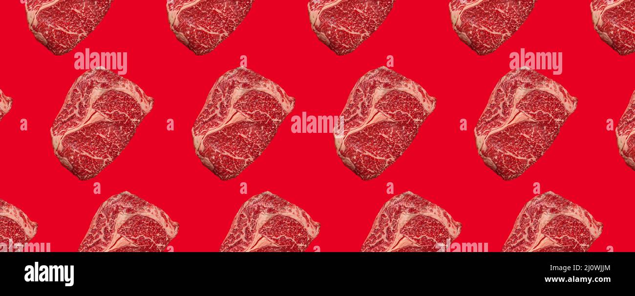 Ret Meat Pattern Pattern made of raw meat beef marbled prime cut steak Ribeye on red ...