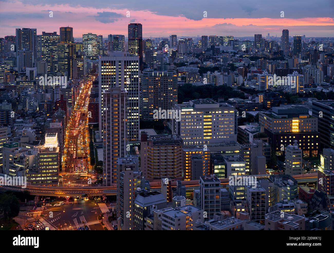 The view from the Tokyo Tower to the skyscrapers center of Minato city at the twilight. Tokyo. Japan Stock Photo