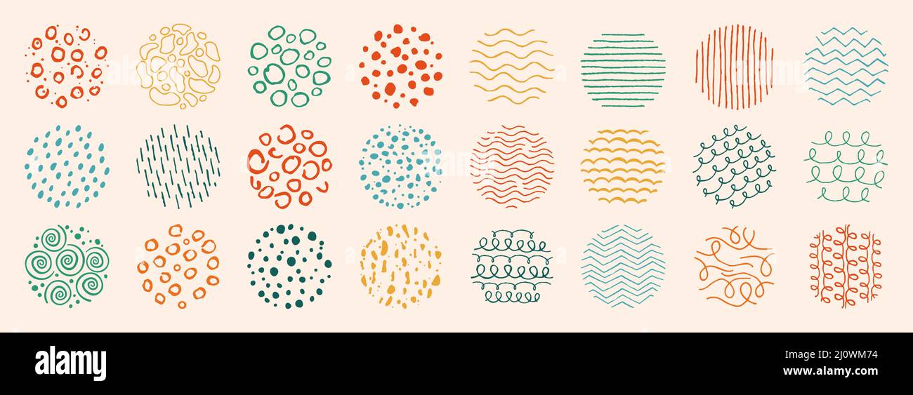 Round pattern abstract, doodle shapes background set. Brush hand drawn ...