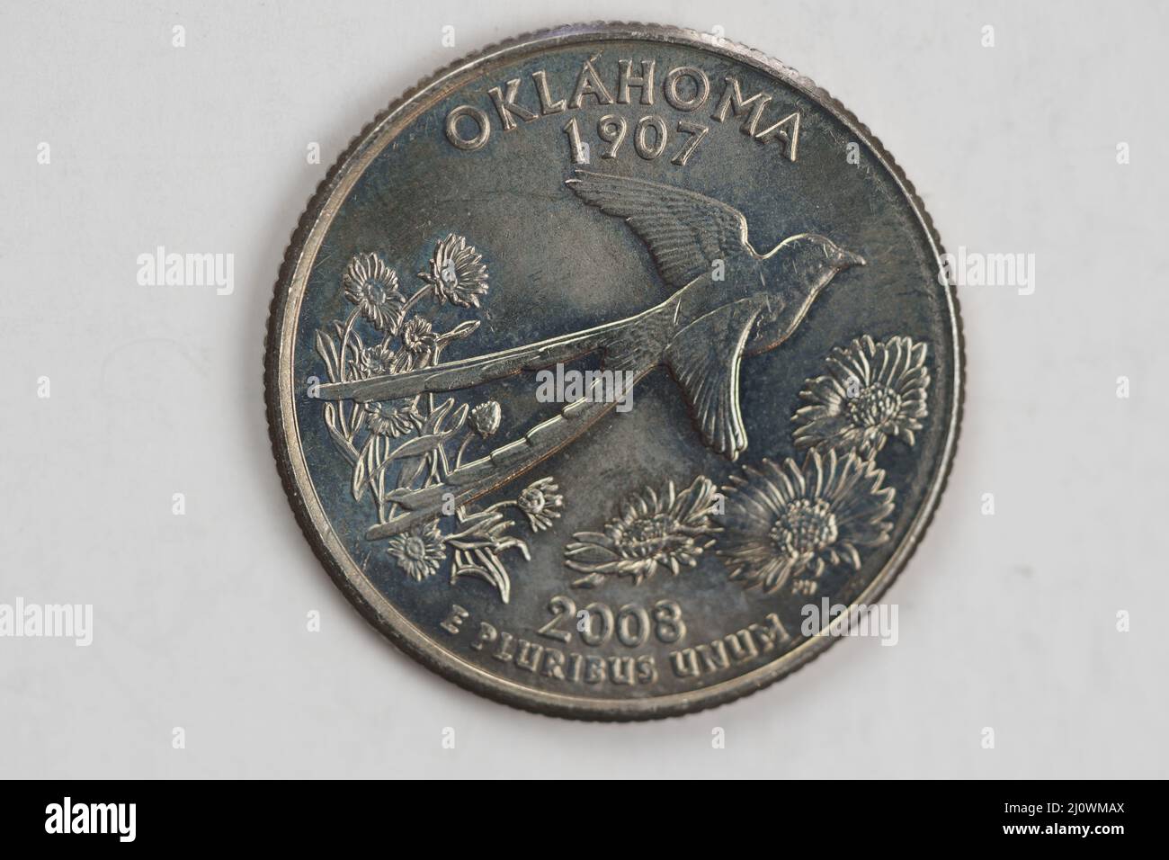 A quarter dollar (25 cents) coin with the image of Oklahoma (the Sooner State), USA. Stock Photo