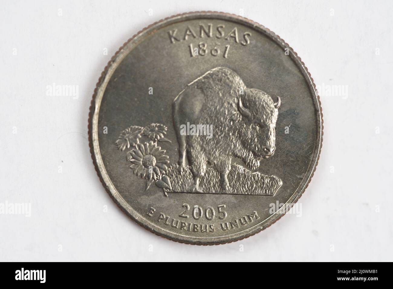 A quarter dollar (25 cents) coin with the image of Kansas (the Sunflower State), USA. Stock Photo