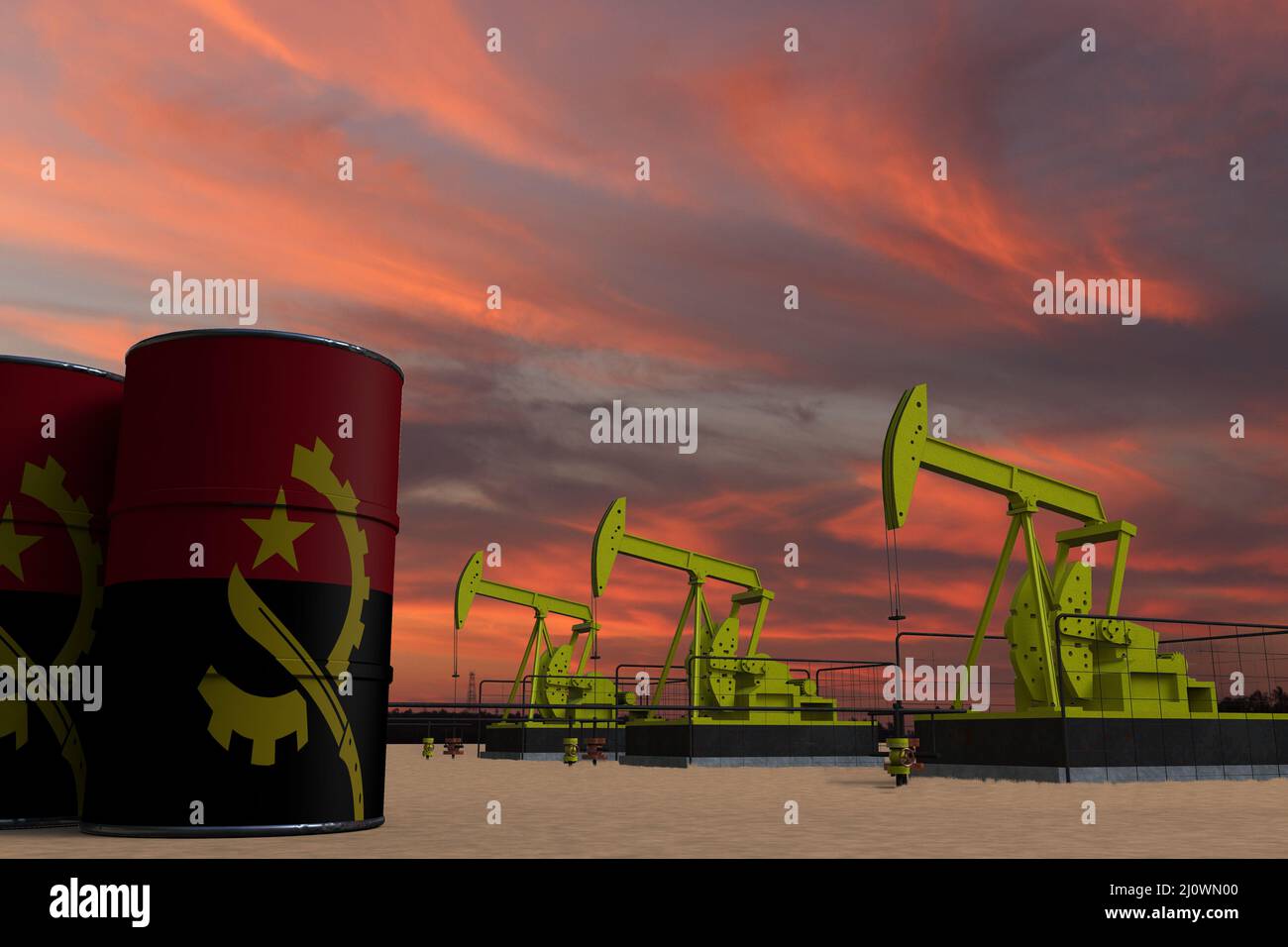 Nice pumpjack oil extraction and cloudy sky in sunset with the ANGOLA flag on oil barrels 3D rendering Stock Photo
