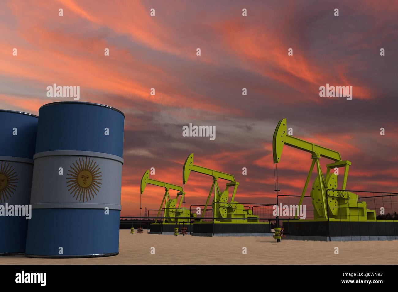 Nice pumpjack oil extraction and cloudy sky in sunset with the ARGENTINA flag on oil barrels 3D rendering Stock Photo