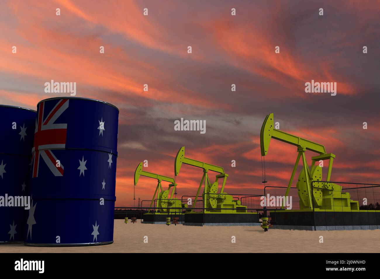 Nice pumpjack oil extraction and cloudy sky in sunset with the AUSTRALIA flag on oil barrels 3D rendering Stock Photo