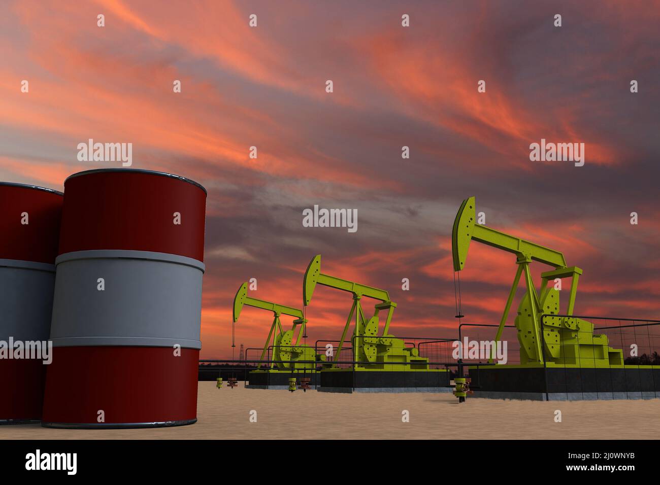 Nice pumpjack oil extraction and cloudy sky in sunset with the AUSTRIA flag on oil barrels 3D rendering Stock Photo