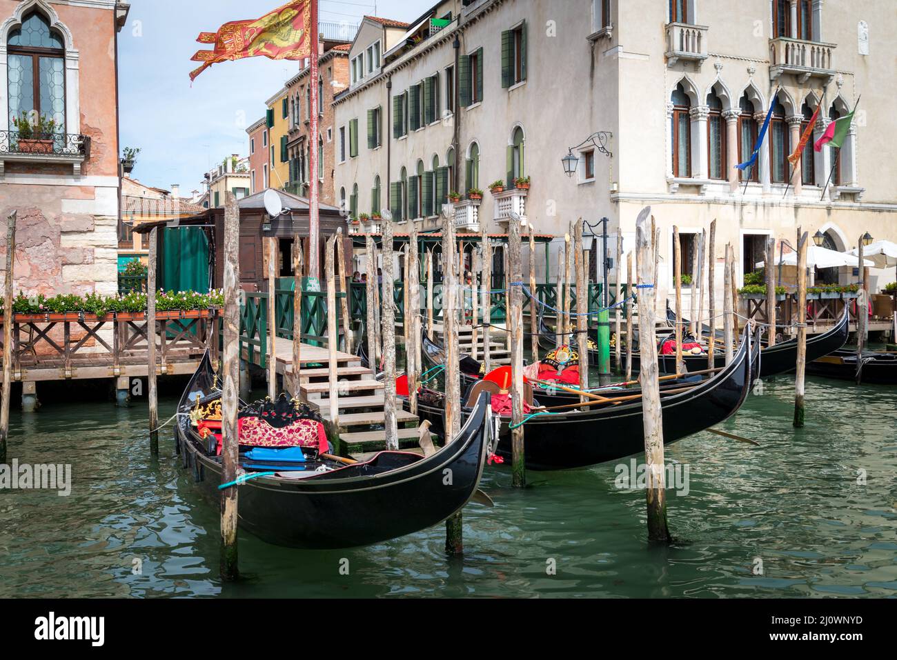 Gondolas station Venice lagoon morning view Italy. Stock Photo