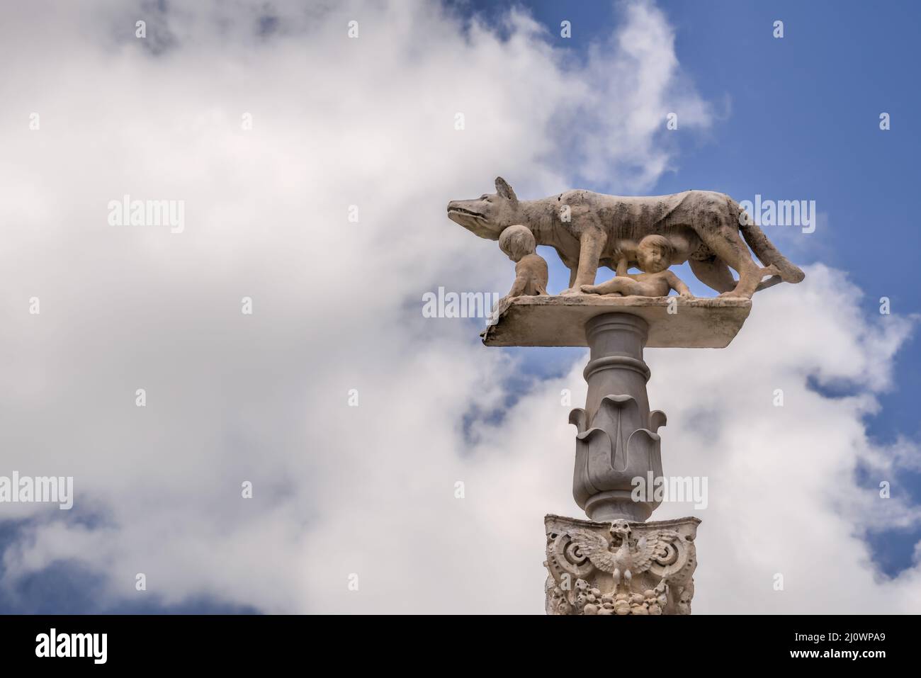 SIENNA, TUSCANY, ITALY - MAY 18 : She-wolf suckling infants Romulus and Remus near Sienna Cathedral in Sienna, Tuscany, Italy on Stock Photo