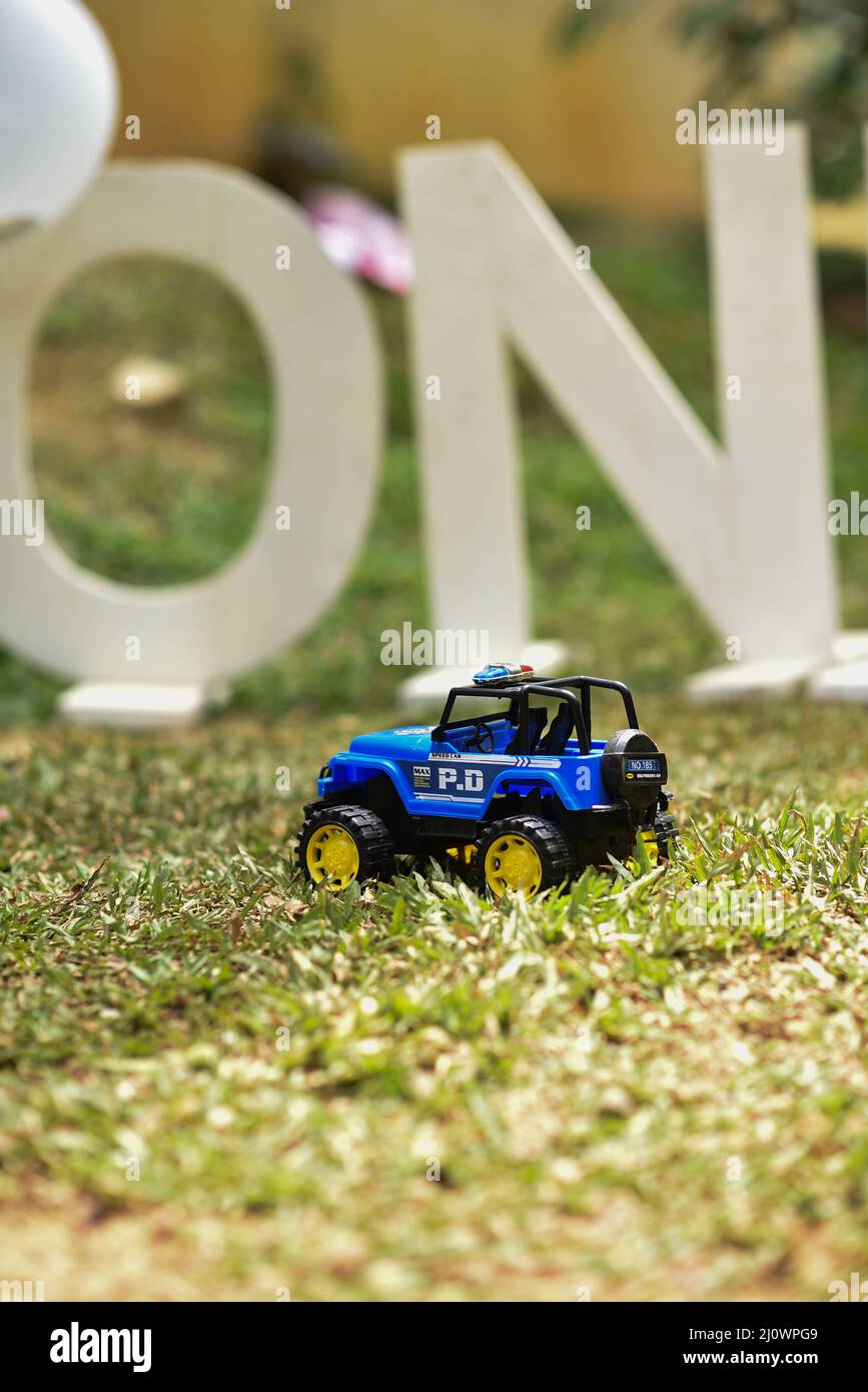 Blue mini toy jeep Stock Photo Alamy