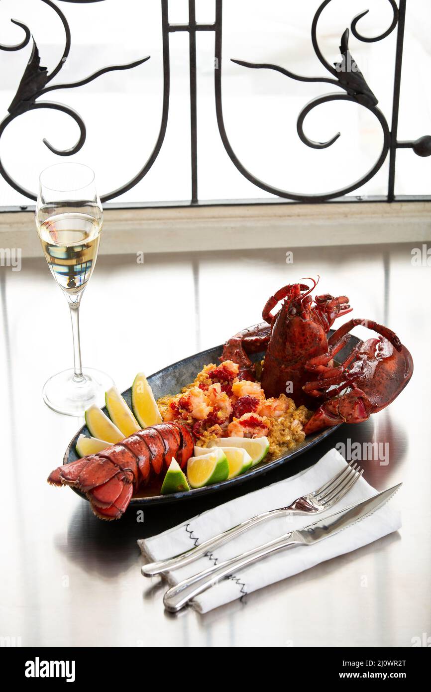 Chinese food,Lobster and Champagne Stock Photo