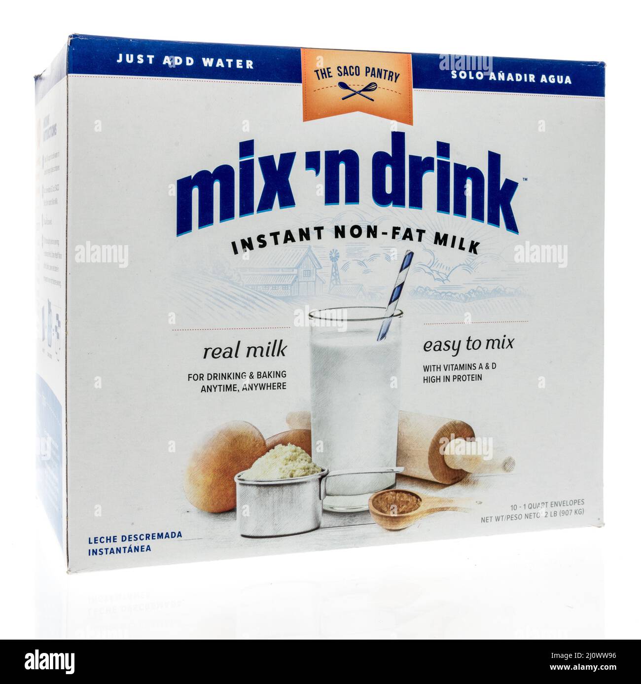Winneconne, WI -19 March 2021: A package of Saco pantry instant nonfat dry milk powder on an isolated background Stock Photo
