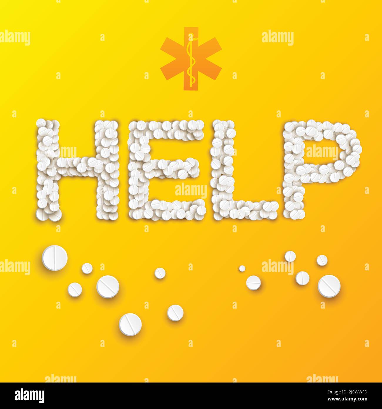 Abstract medicine template with inscription help from pills and drugs on yellow background vector illustration Stock Vector