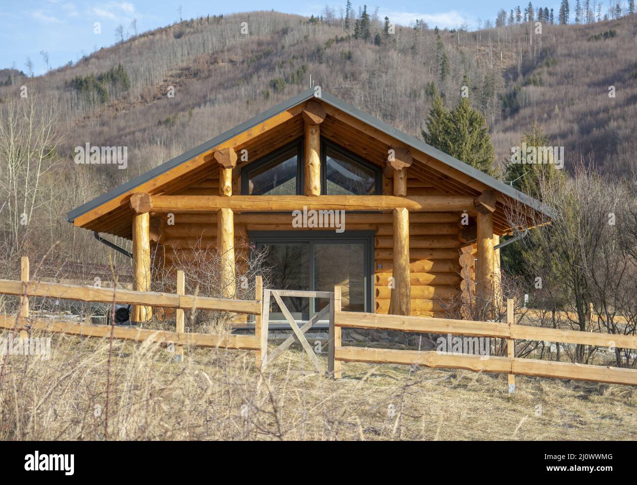 Traditional wooden log house on the meadow in the winter. Stock Photo