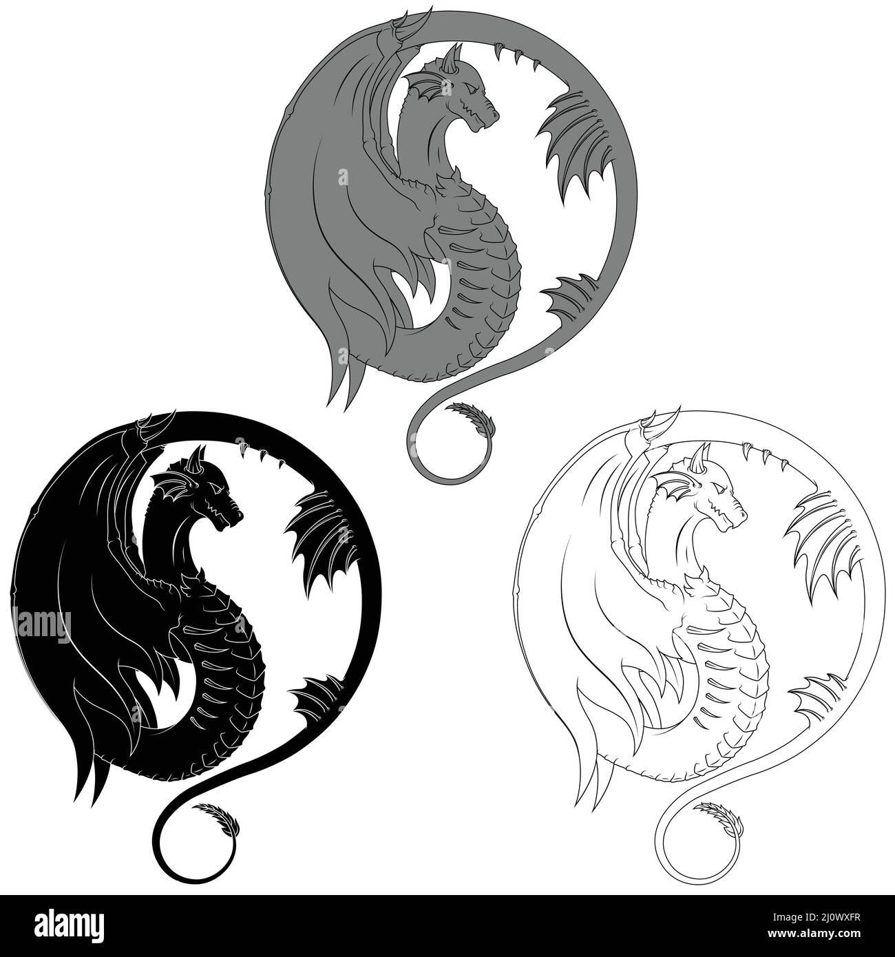 Winged western dragon silhouette vector design, white background Stock Vector