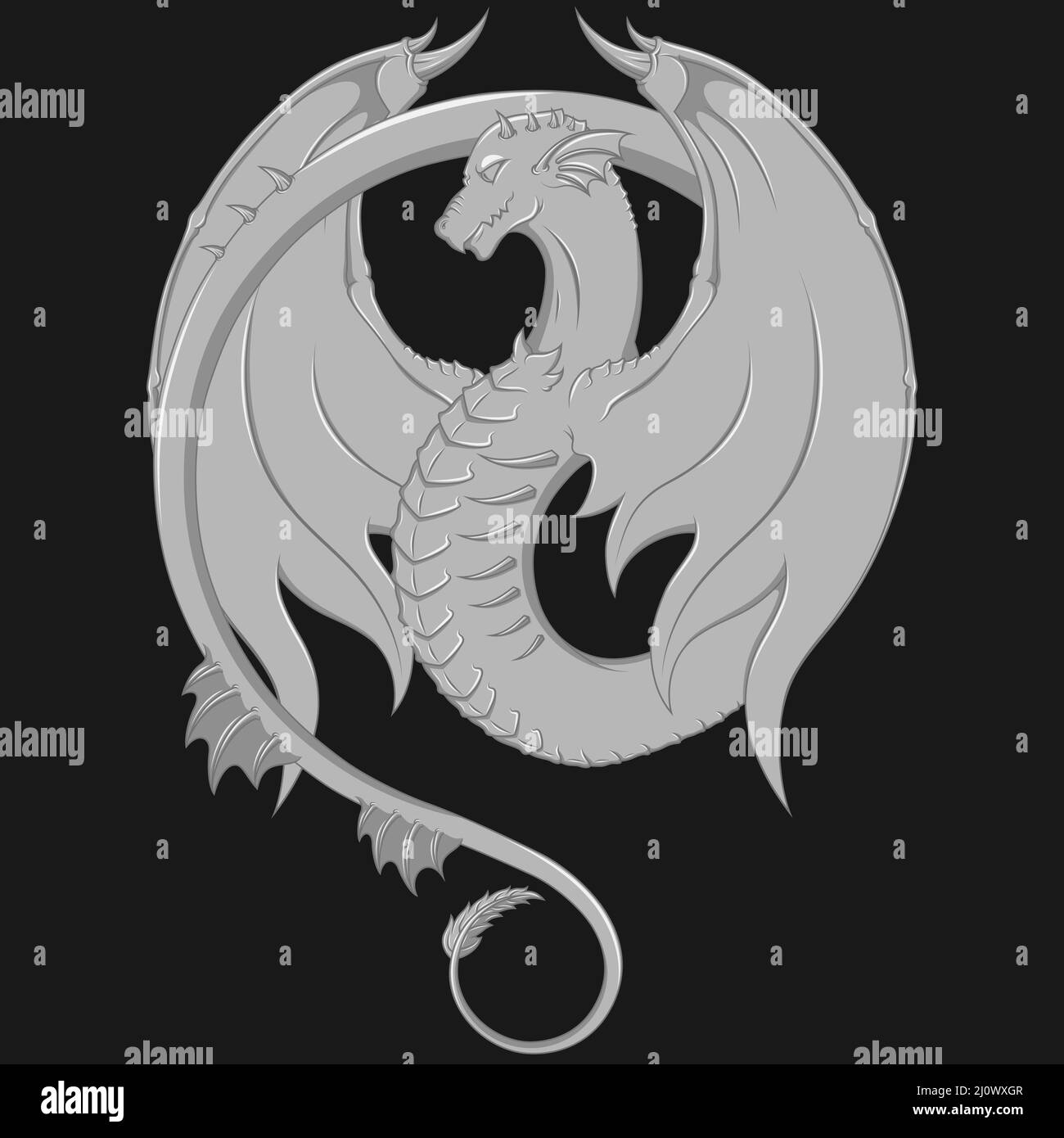 Winged western dragon vector design, greyscale winged dragon, black background Stock Vector