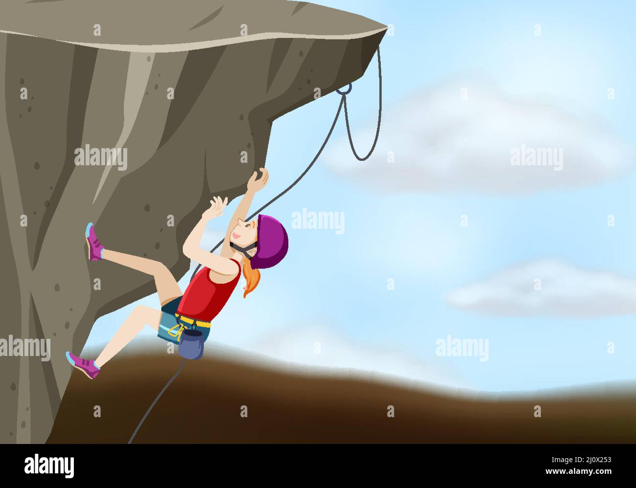 Rock climbing scene with woman climbing rock illustration Stock Vector
