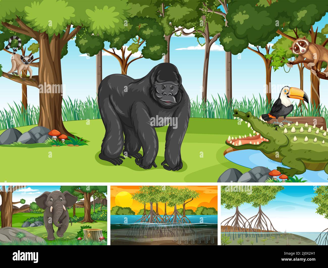 Different forest scenes with wild animals illustration Stock Vector ...