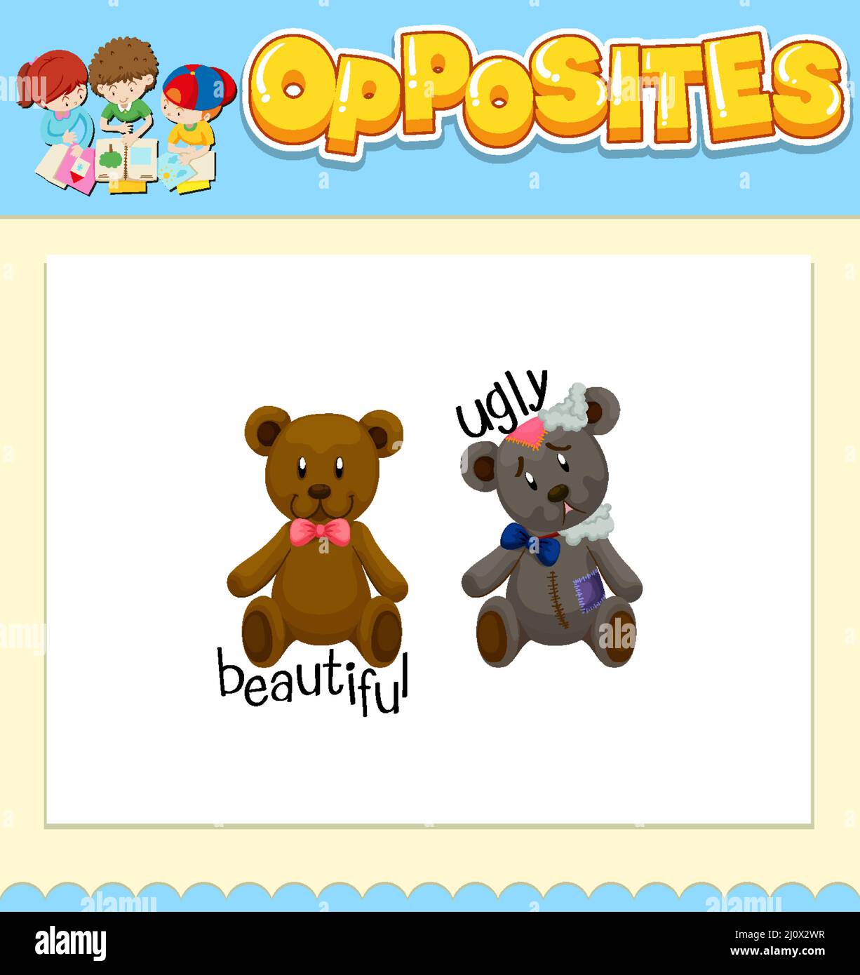 Opposite words for beautiful and ugly illustration Stock Vector Image