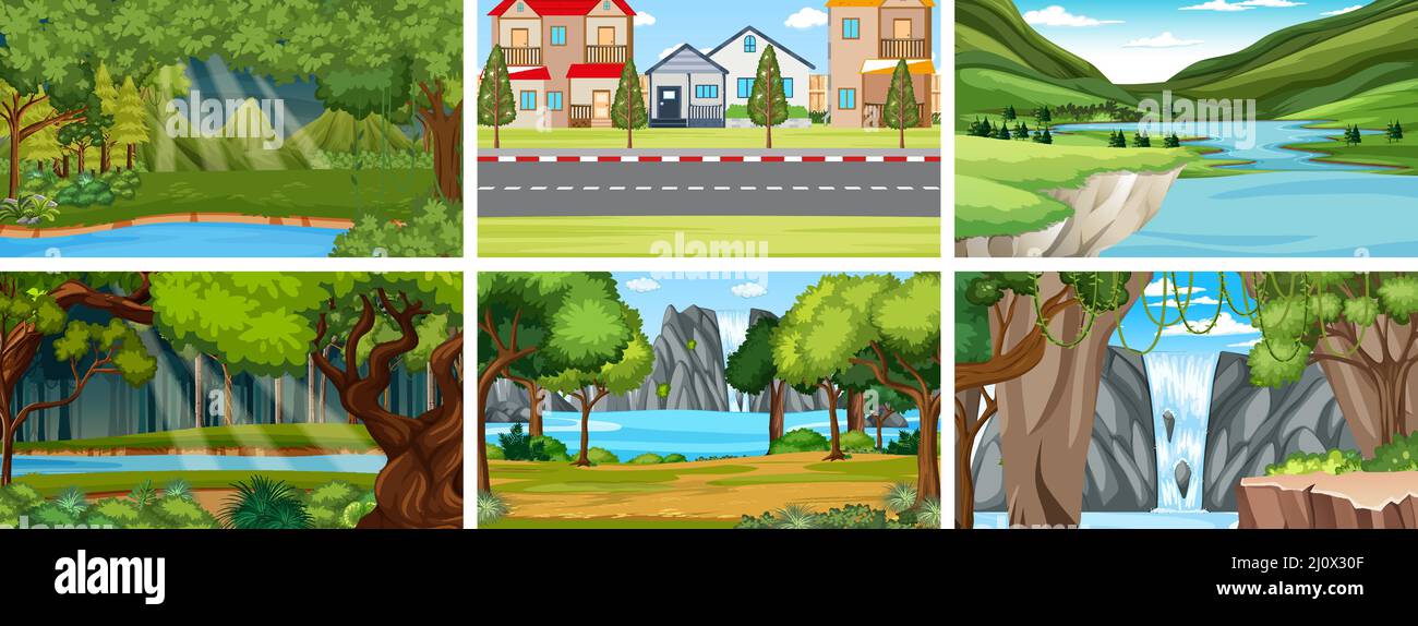 Nature scene with many trees and river illustration Stock Vector Image ...