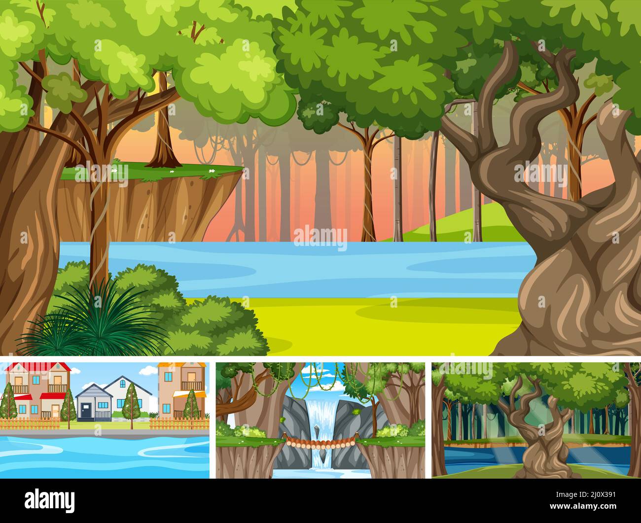 Nature scene with many trees and river illustration Stock Vector Image ...