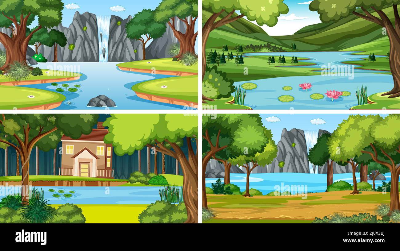 Nature scene with many trees and river illustration Stock Vector Image ...