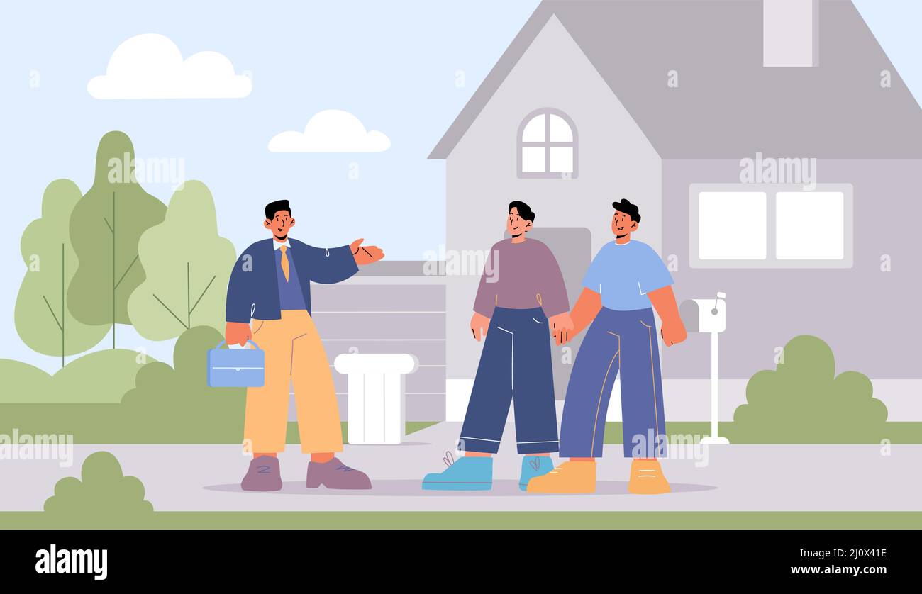 Gay couple buy new house, agent show cottage to male characters holding hands. Homosexual family buying real estate property, mortgage loan or home purchase concept, Line art vector illustration Stock Vector