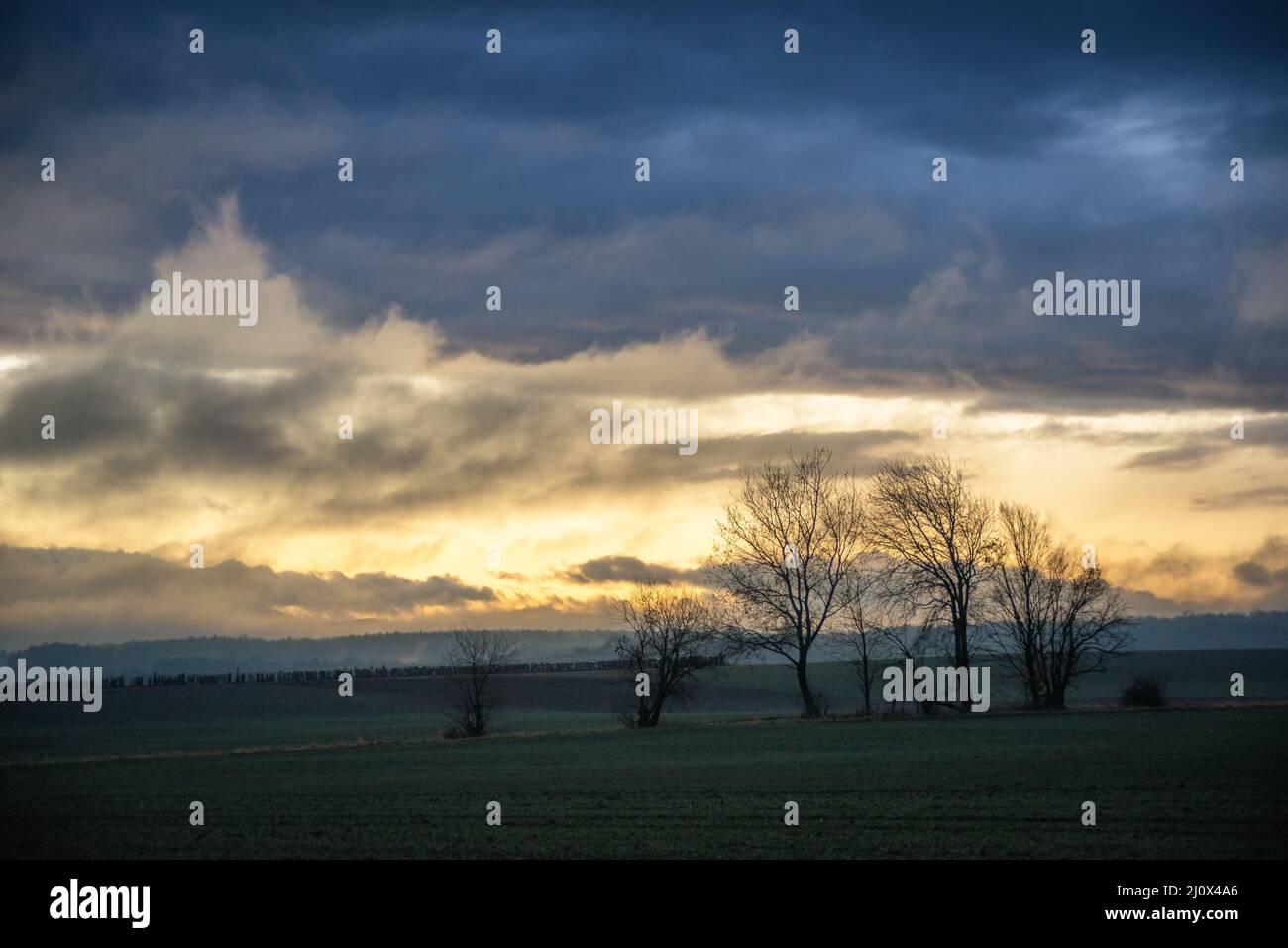 Evening landscape - sky with clouds over the meadows and forest. Stock Photo