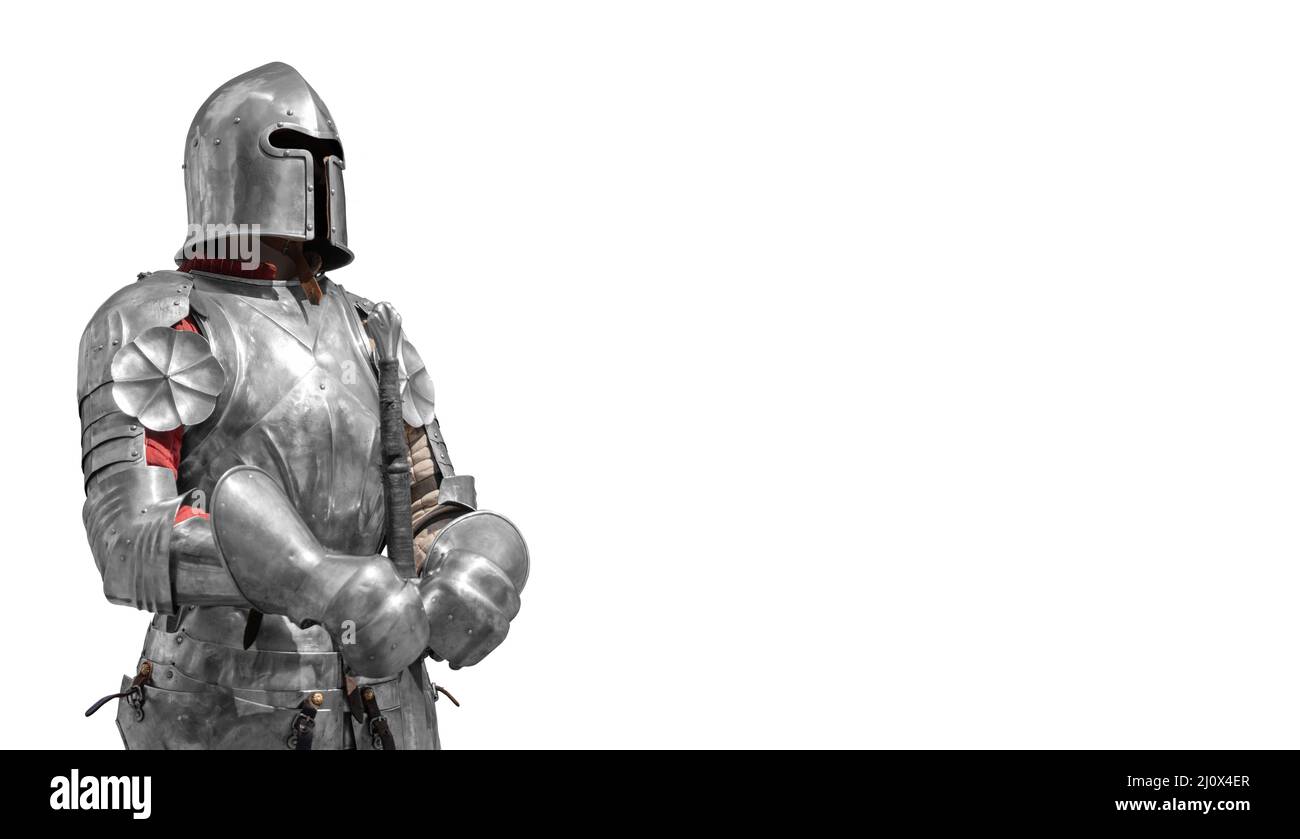 Knight in shiny metal armor on a white background. Stock Photo