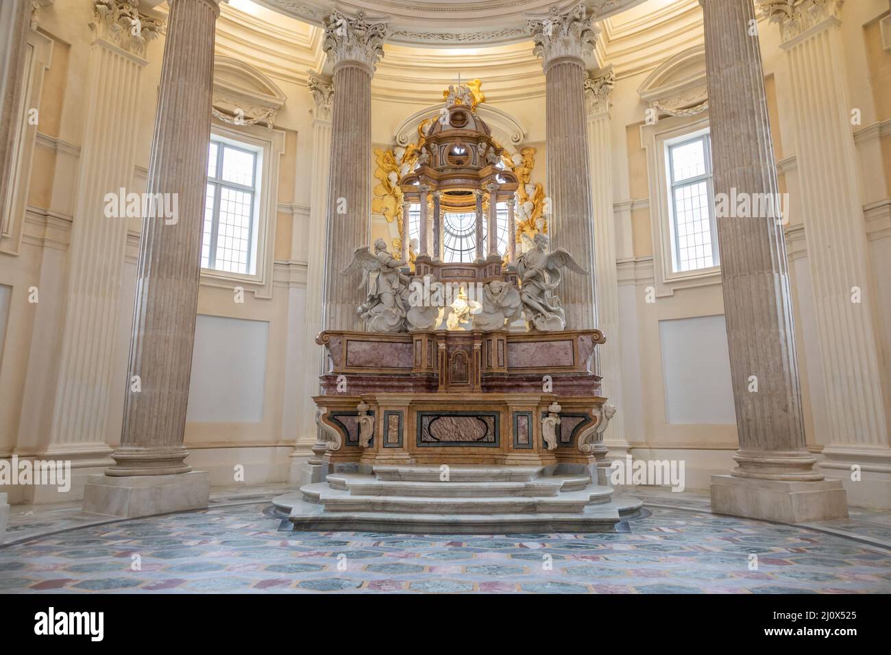 Baroque catholic church altar in Italy. Old interior religious building. Stock Photo