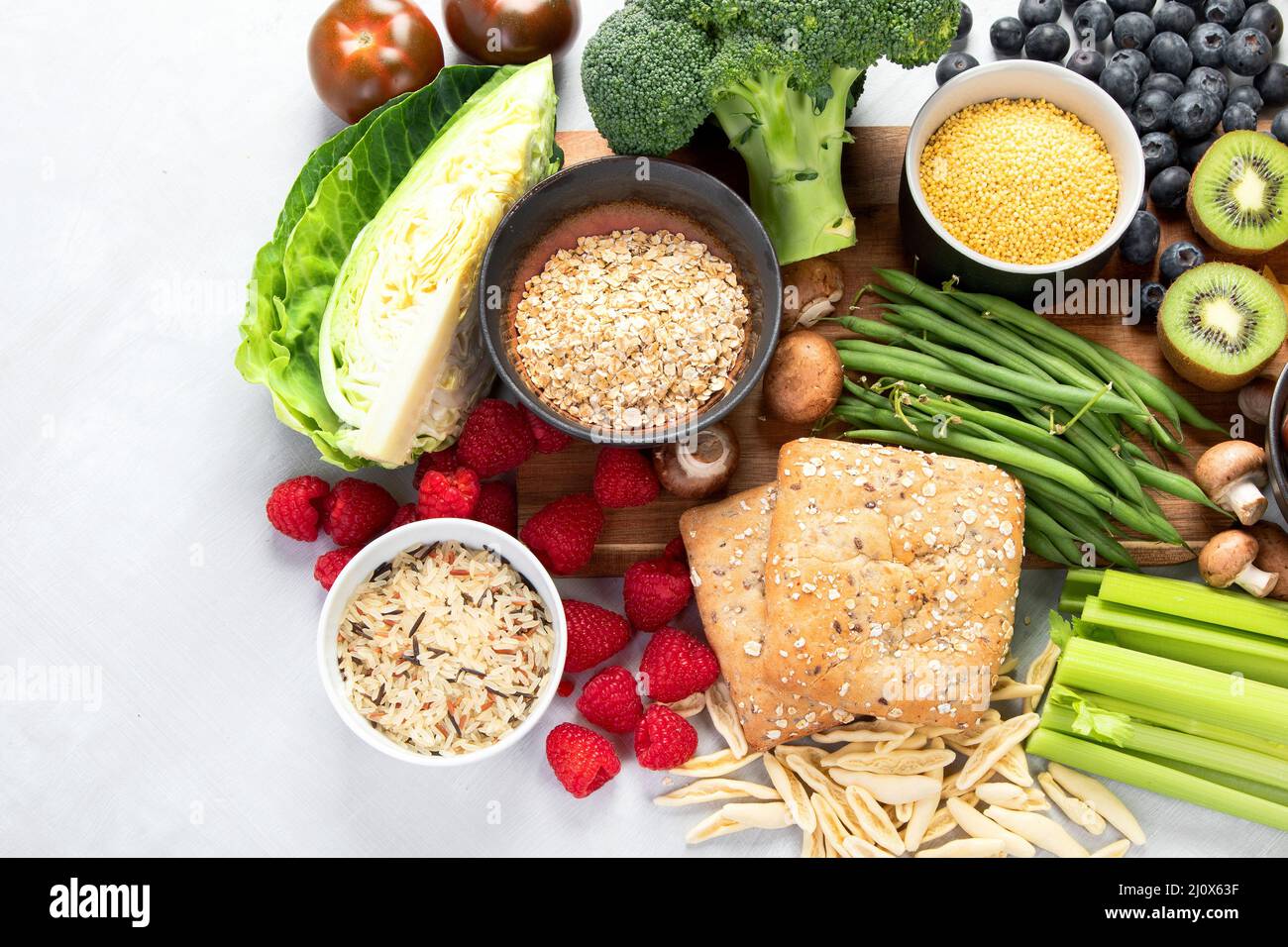 Highty Food Foods high in fiber on gray background. Healthy food concept. Top view ...